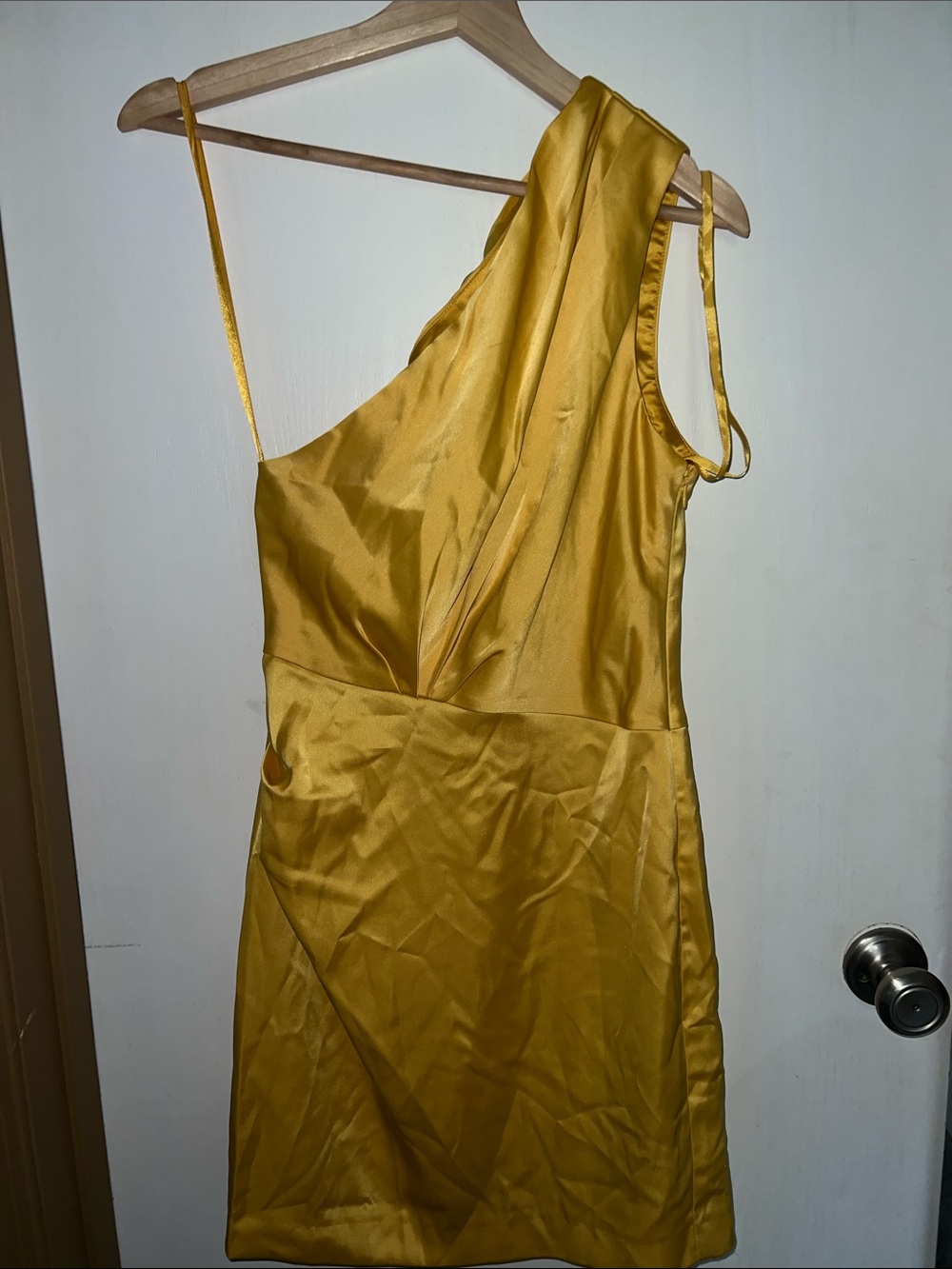 Gianni Bini One-Shoulder Satin Dress in Mustard Yellow
